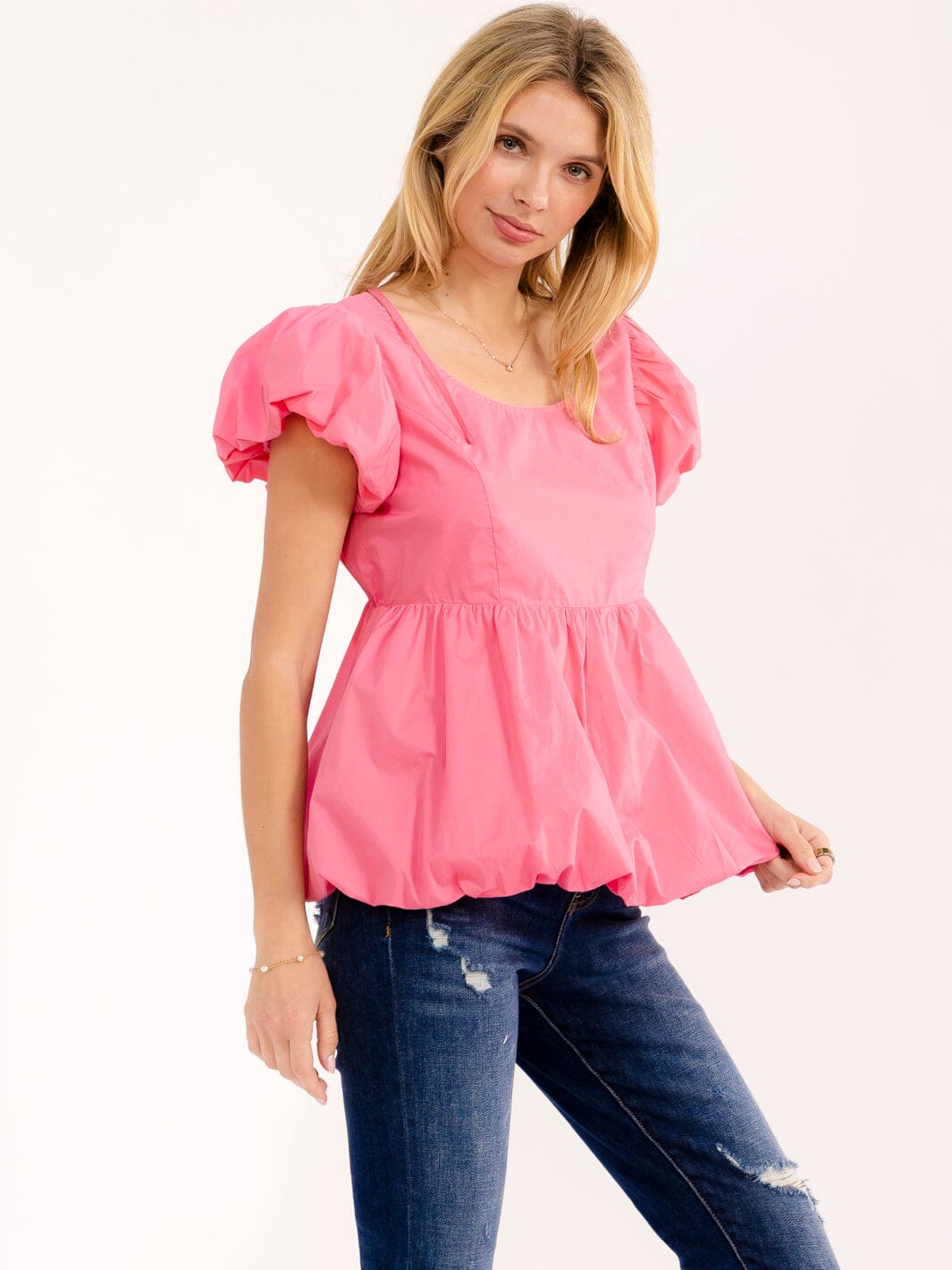 WOMEN'S SHORT PUFF SLEEVE OPEN BACK PEPLUM BLOUSE