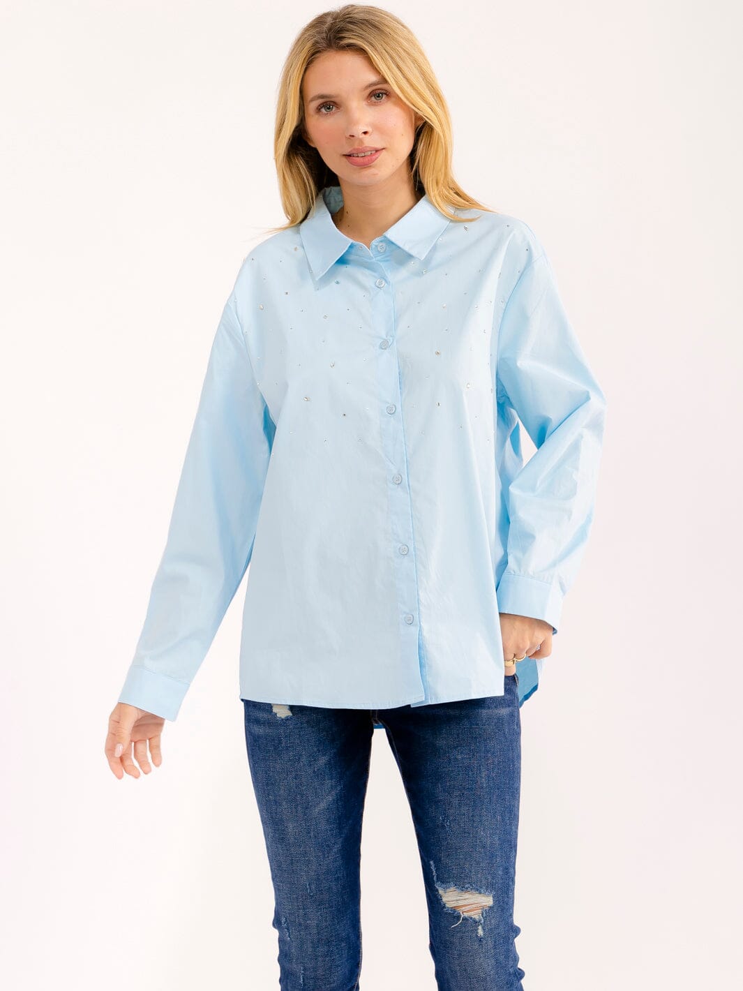 WOMEN'S LONG SLEEVE BUTTON UP RHINESTONES SHIRT