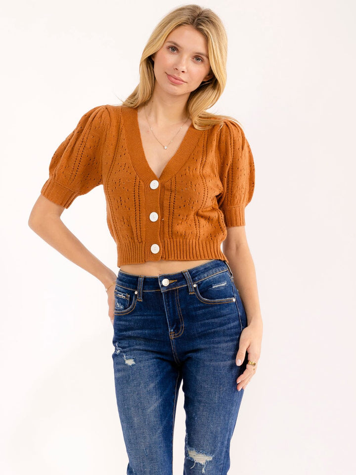 WOMEN'S SHORT SLEEVE BUTTON UP V-NECK CROCHET SWEATER TOP