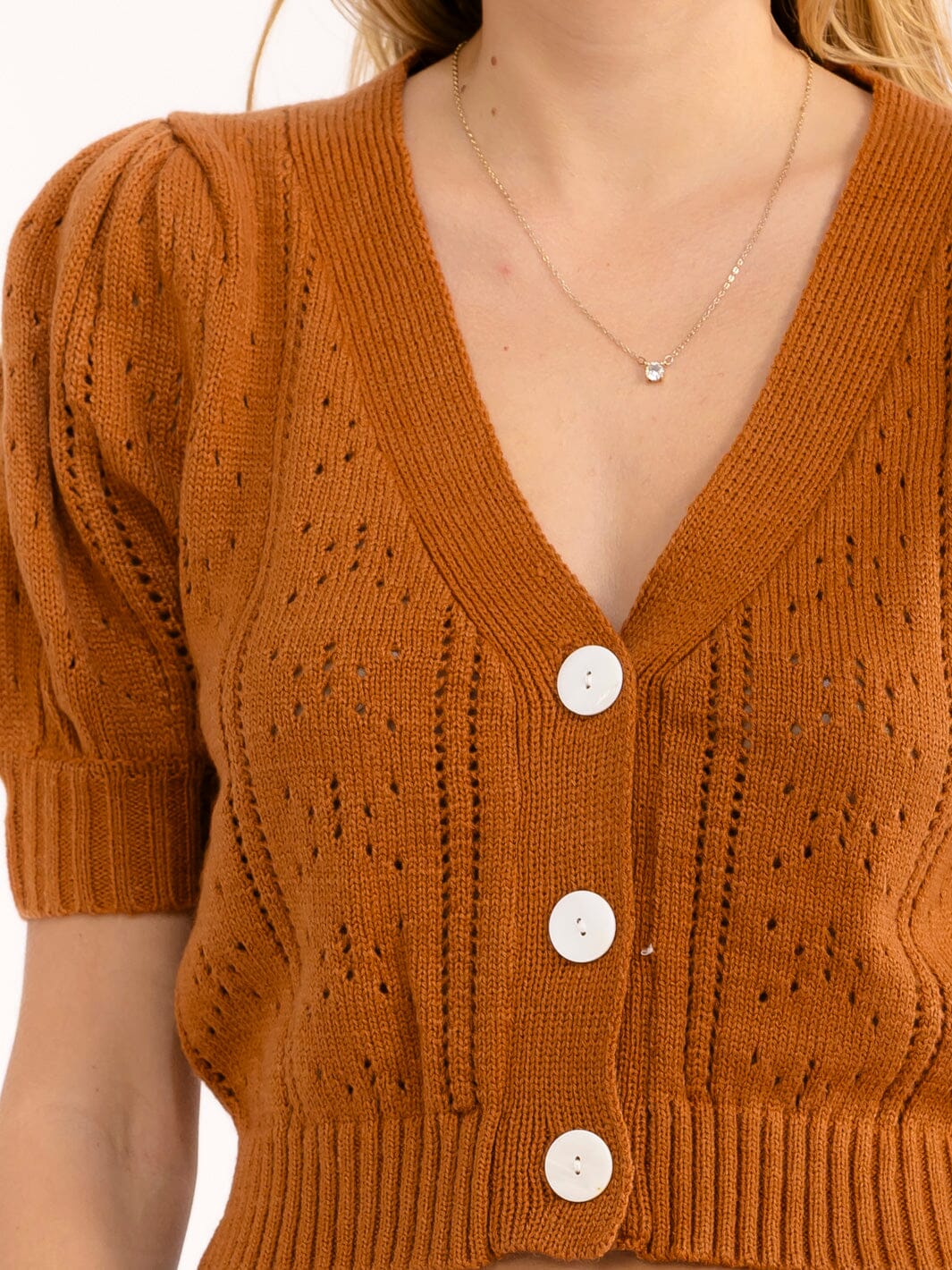 WOMEN'S SHORT SLEEVE BUTTON UP V-NECK CROCHET SWEATER TOP