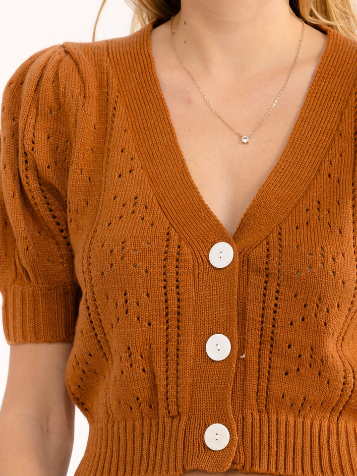 WOMEN'S SHORT SLEEVE BUTTON UP V-NECK CROCHET SWEATER TOP