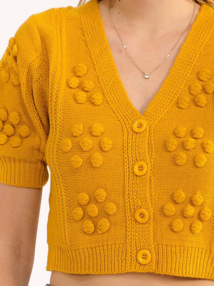 WOMEN'S SHORT SLEEVE BUTTON UP V-NECK POM POM DETAILED SWEATER TOP