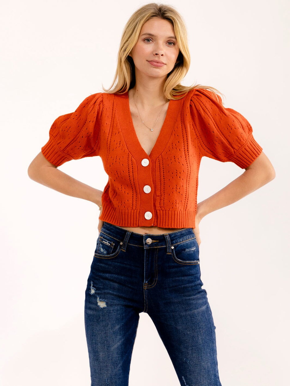 WOMEN'S SHORT SLEEVE BUTTON UP V-NECK CROCHET SWEATER TOP