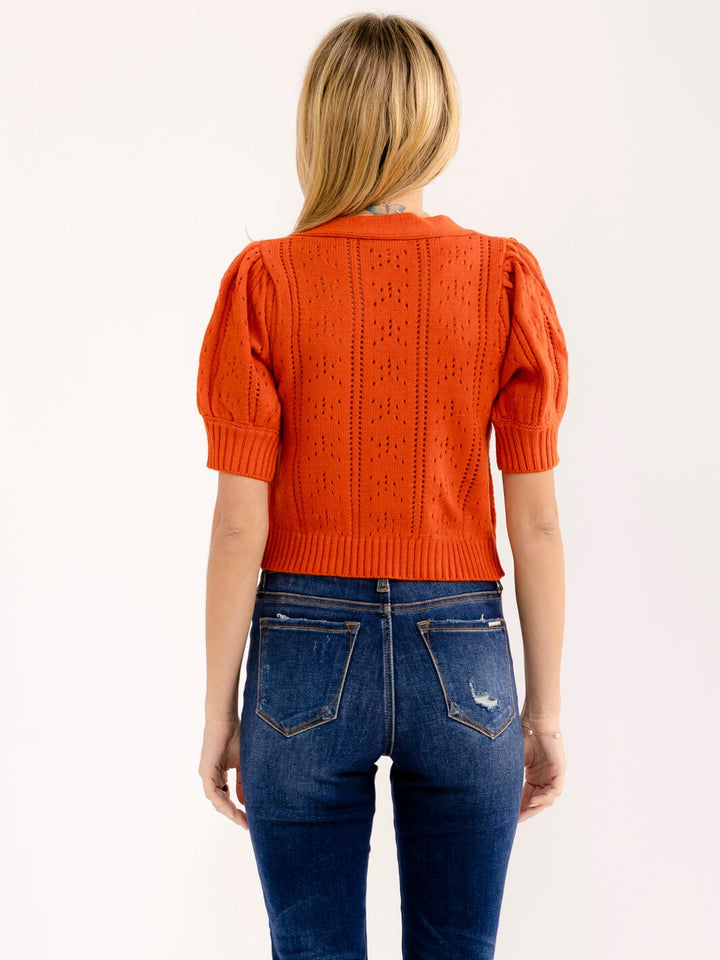 WOMEN'S SHORT SLEEVE BUTTON UP V-NECK CROCHET SWEATER TOP