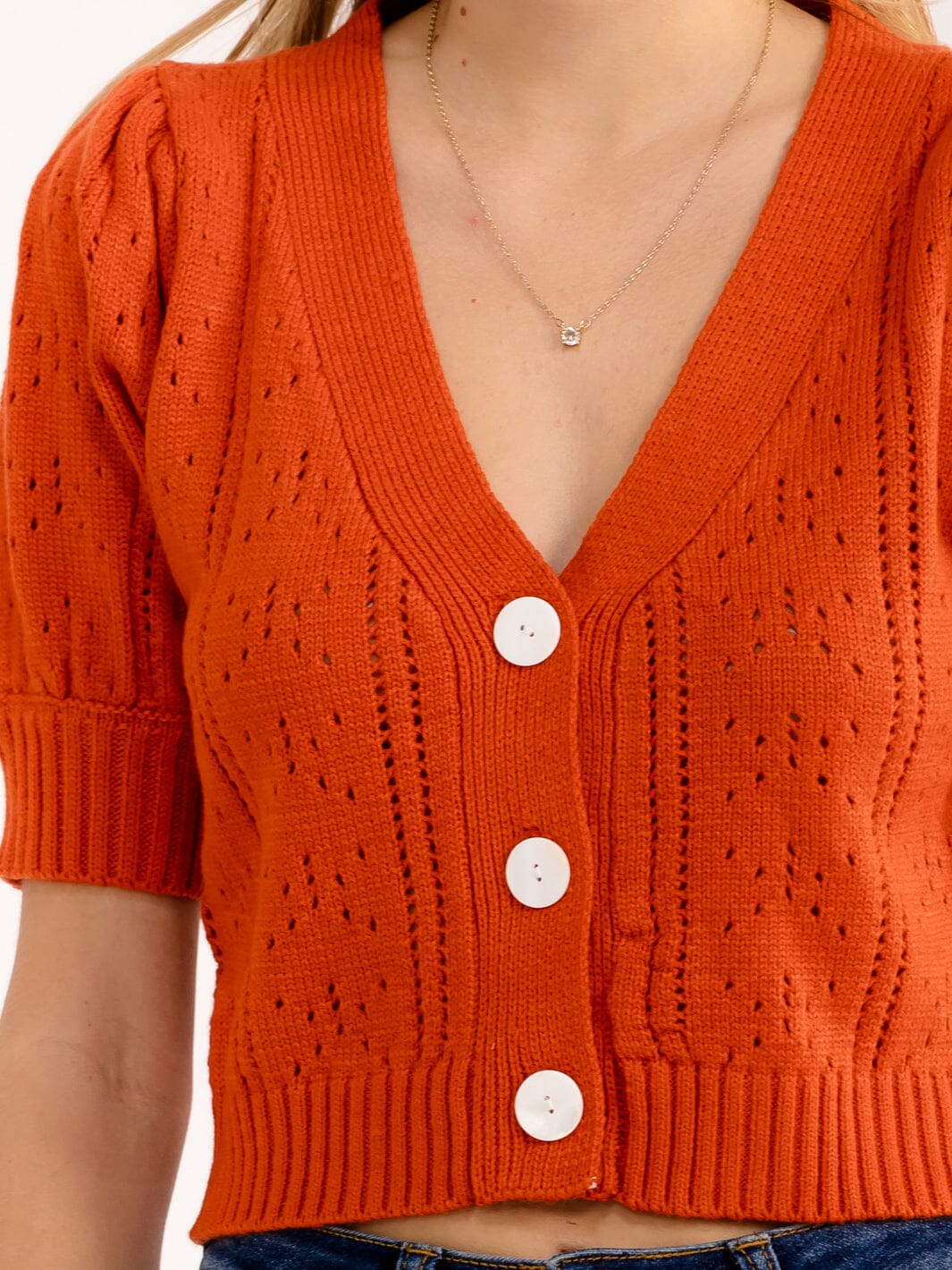 WOMEN'S SHORT SLEEVE BUTTON UP V-NECK CROCHET SWEATER TOP