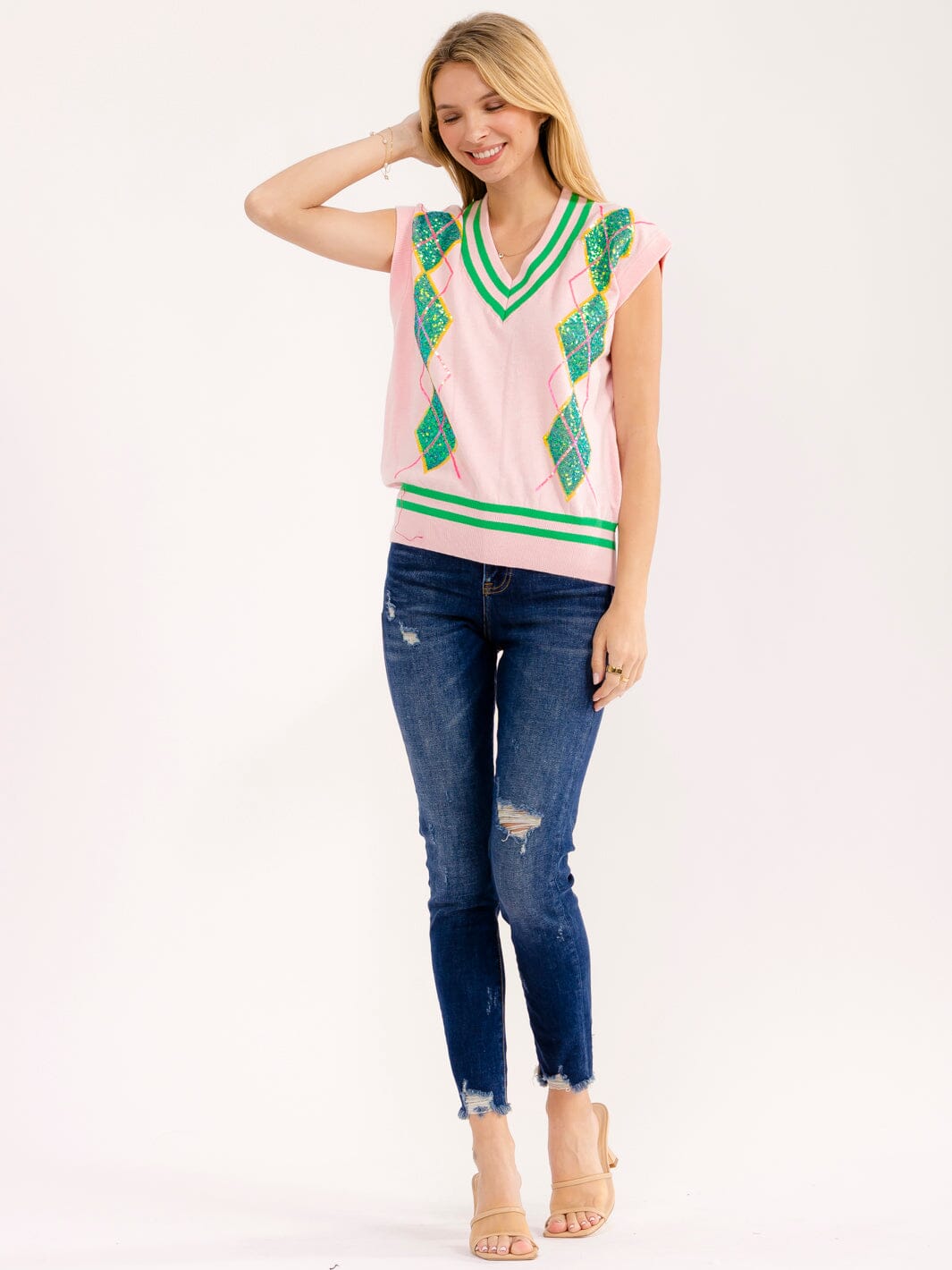 WOMEN'S SLEEVELESS V-NECK SEQUINS COLORBLOCK TOP