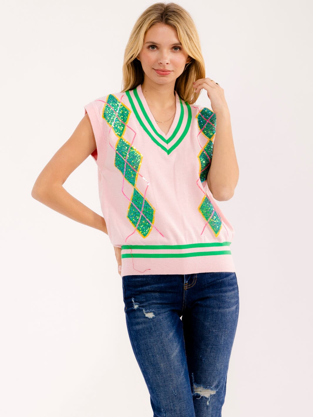 WOMEN'S SLEEVELESS V-NECK SEQUINS COLORBLOCK TOP