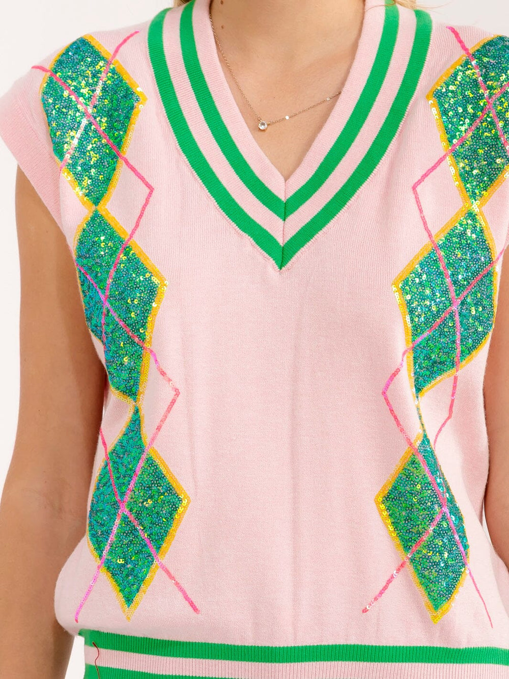 WOMEN'S SLEEVELESS V-NECK SEQUINS COLORBLOCK TOP