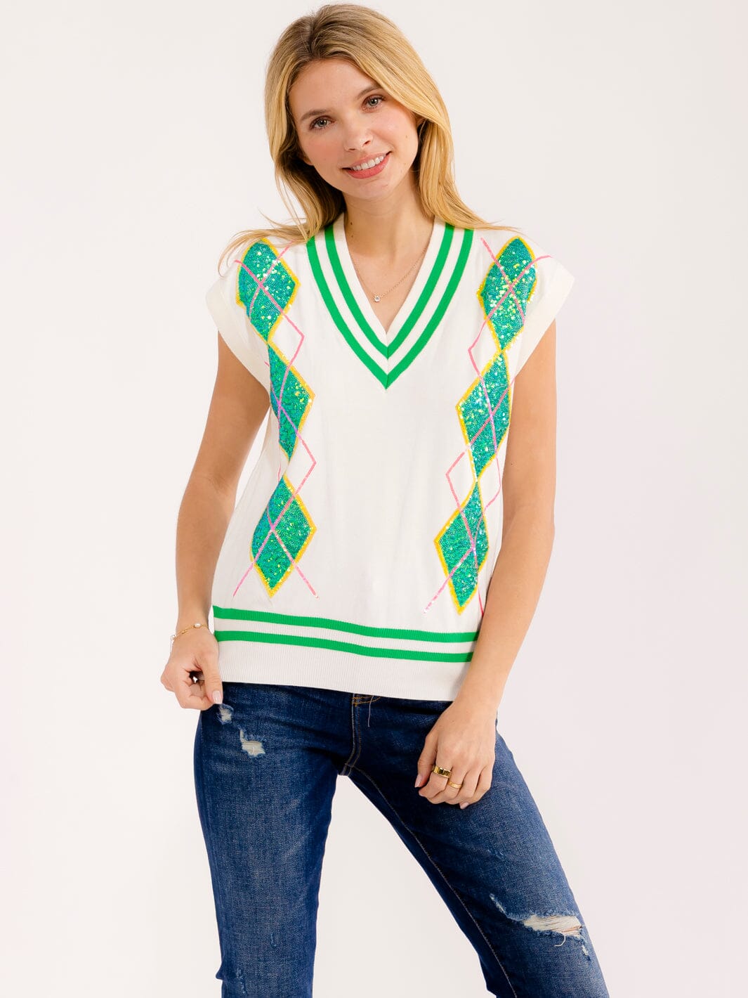 WOMEN'S SLEEVELESS V-NECK SEQUINS COLORBLOCK TOP