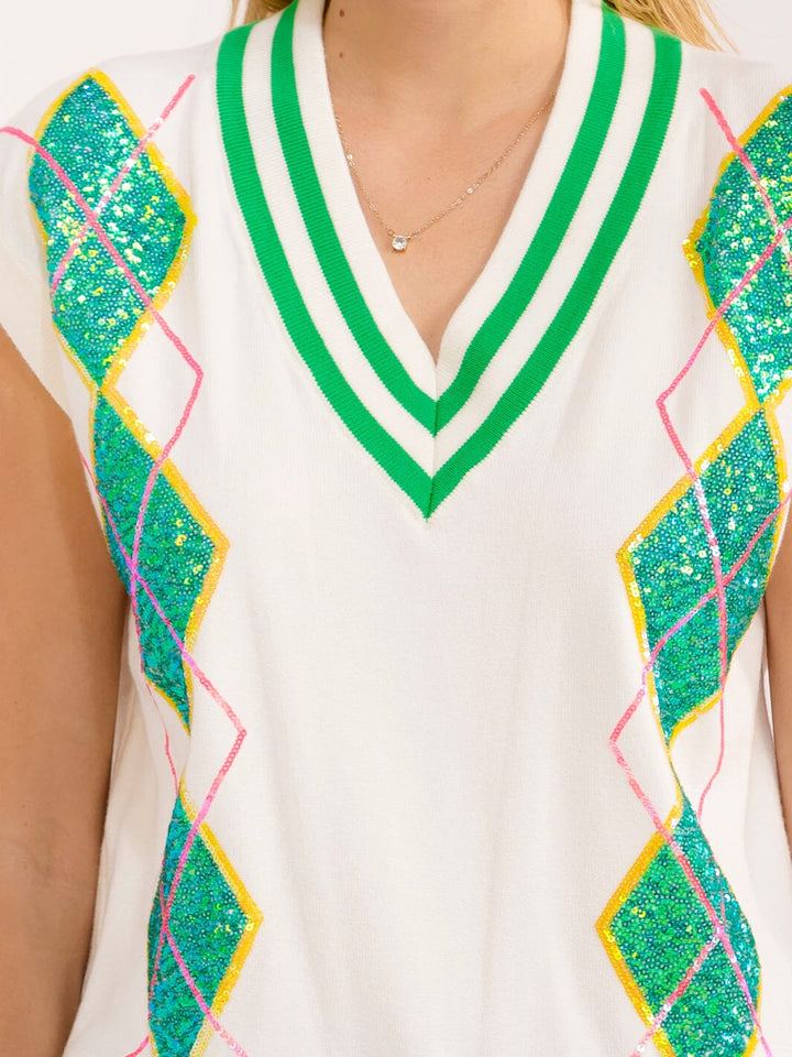 WOMEN'S SLEEVELESS V-NECK SEQUINS COLORBLOCK TOP