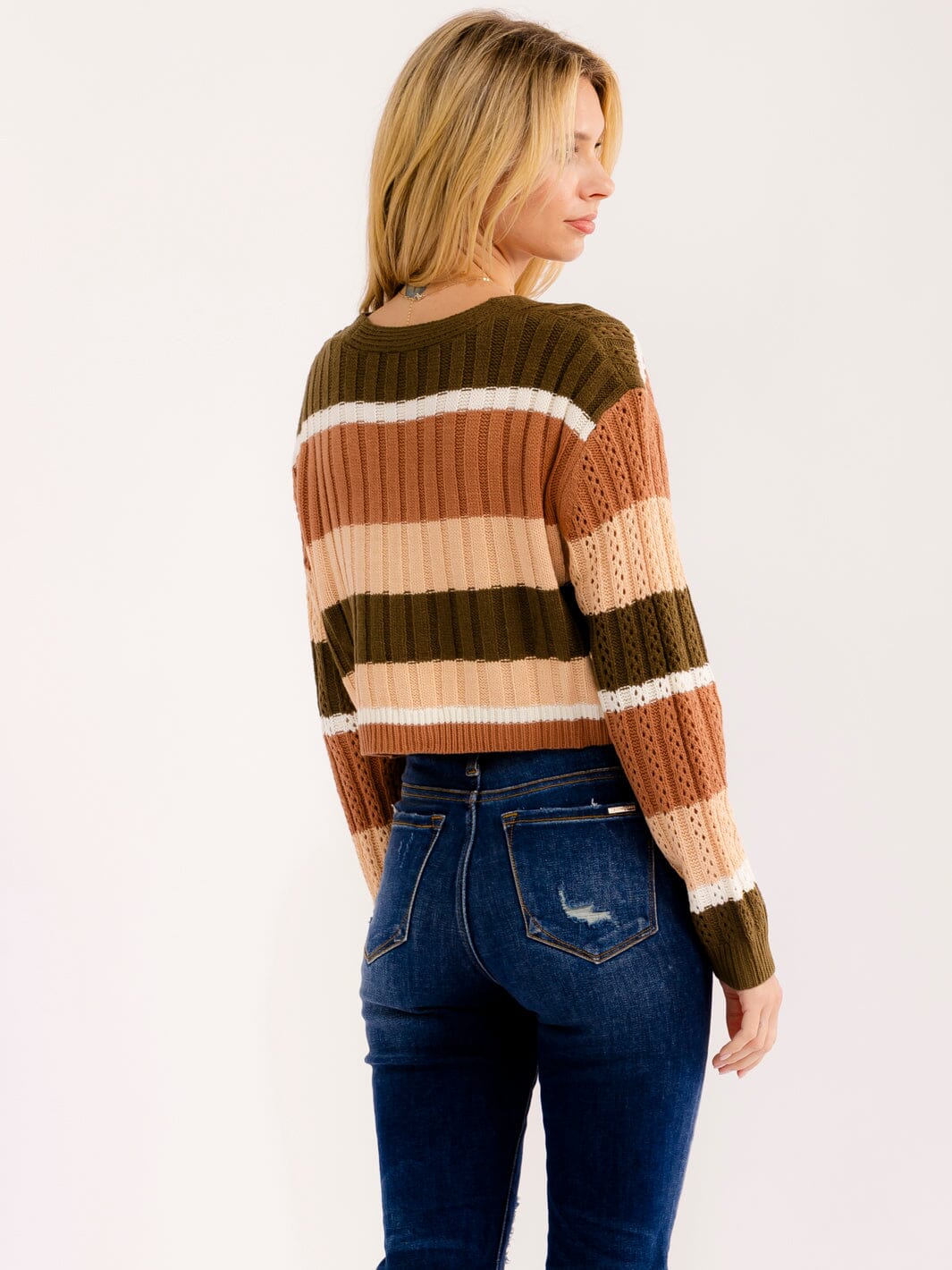 WOMEN'S LONG SLEEVE BUTTON UP COLORBLOCK STRIPES CROP SWEATER