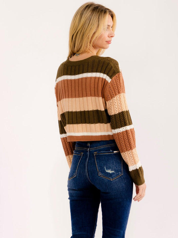 WOMEN'S LONG SLEEVE BUTTON UP COLORBLOCK STRIPES CROP SWEATER
