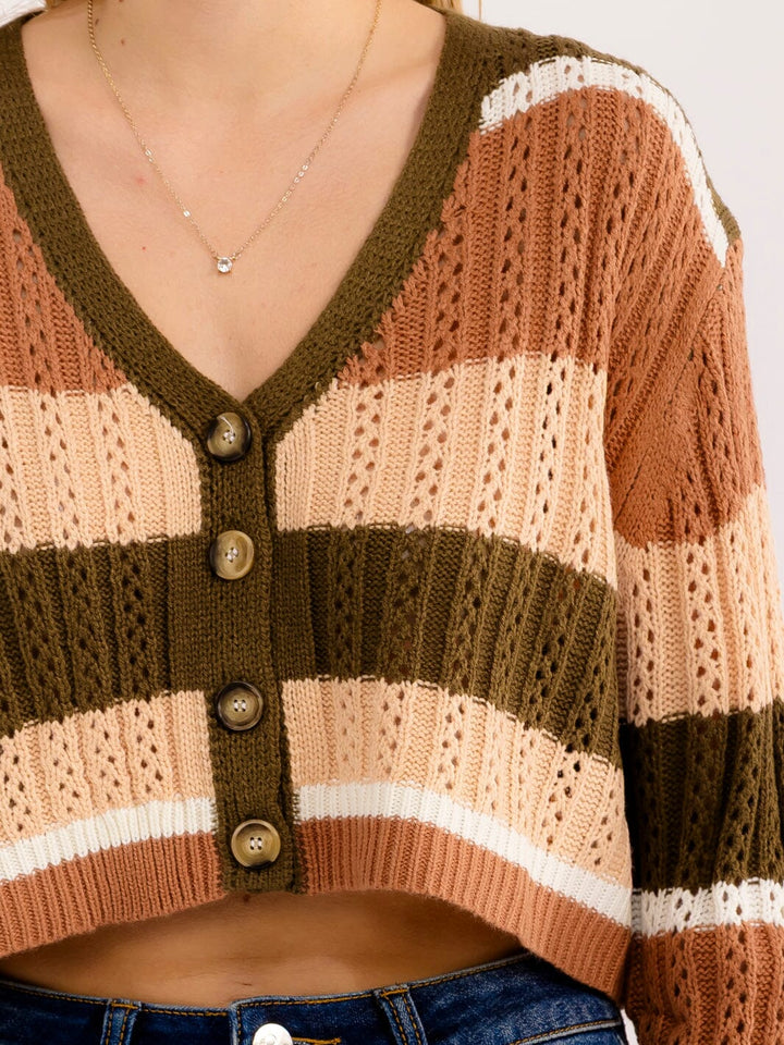 WOMEN'S LONG SLEEVE BUTTON UP COLORBLOCK STRIPES CROP SWEATER