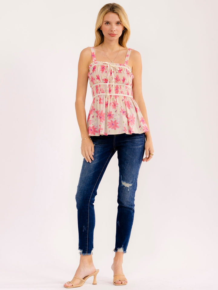 WOMEN'S SLEEVELESS SMOCK FLORAL PEPLUM TOP