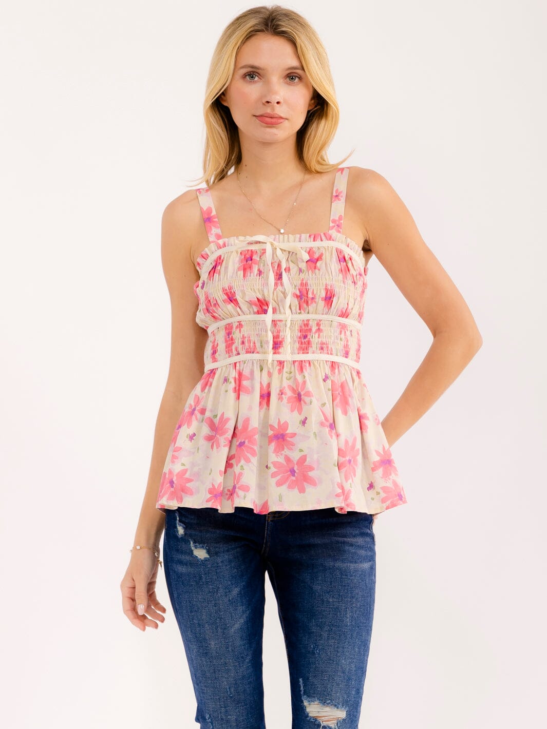 WOMEN'S SLEEVELESS SMOCK FLORAL PEPLUM TOP