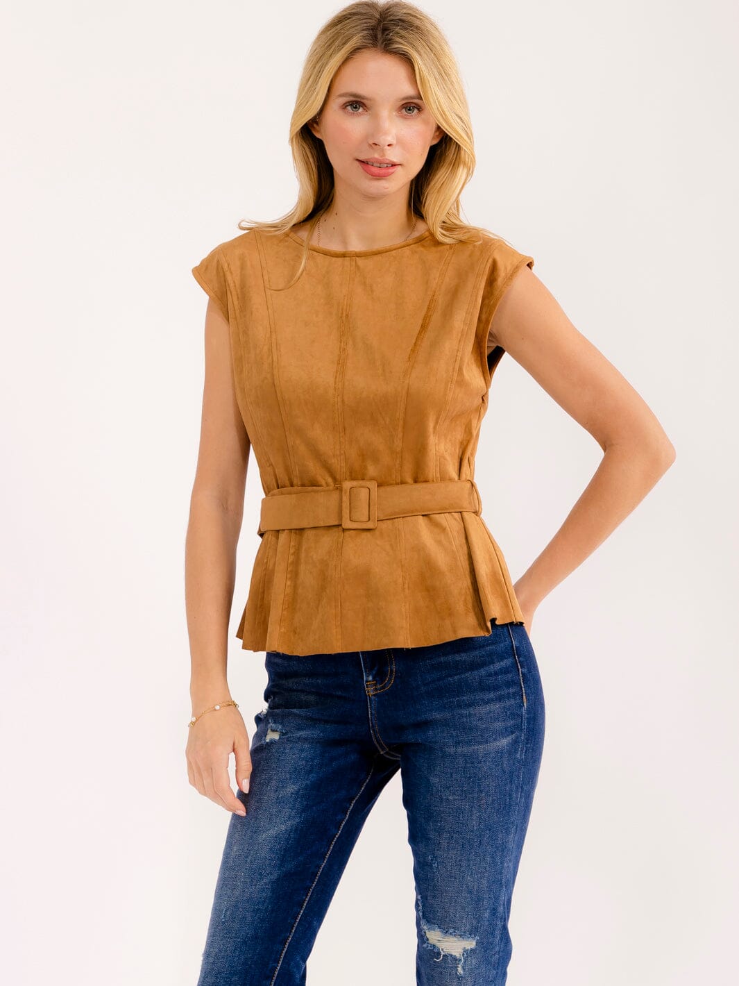 WOMEN'S SLEEVELESS BELTED VELVET TOP