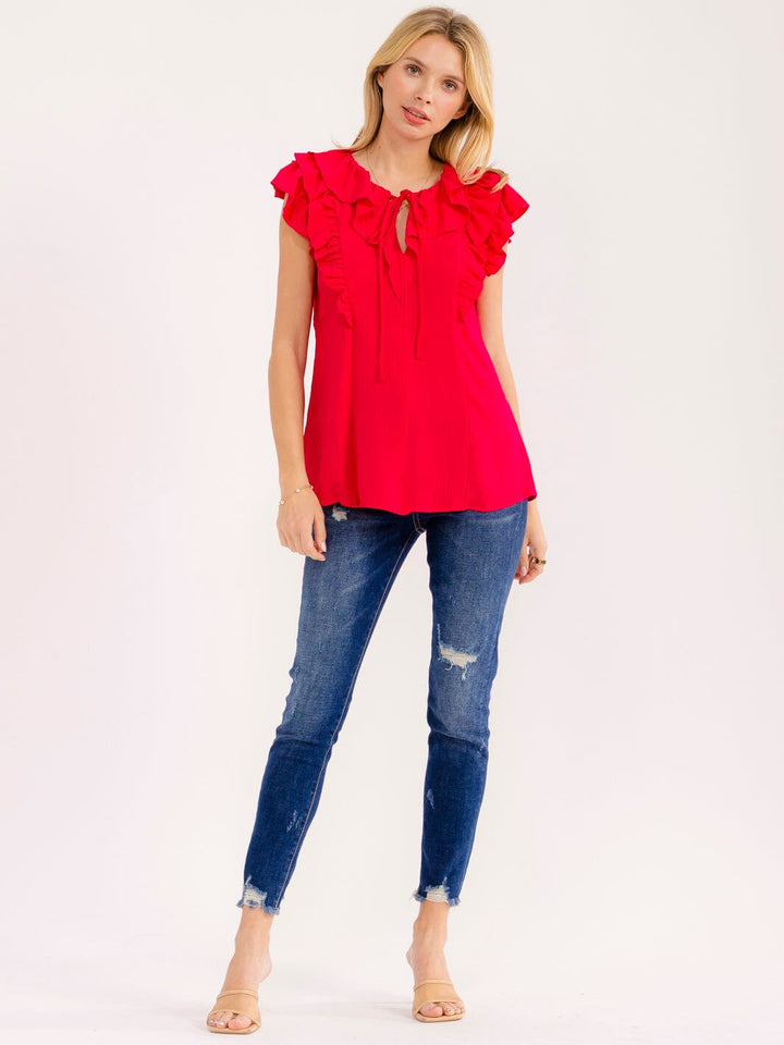 WOMEN'S SLEEVELESS RUFFLE V-NECK BLOUSE