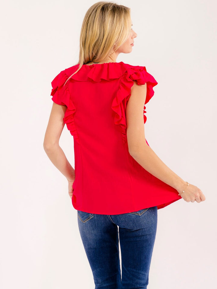 WOMEN'S SLEEVELESS RUFFLE V-NECK BLOUSE