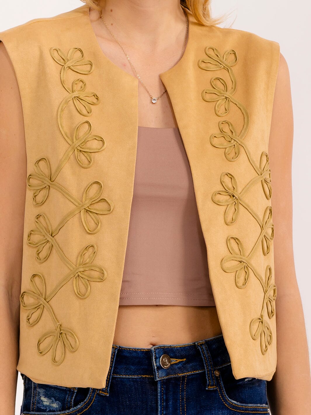 WOMEN'S SLEEVELESS OPEN FRONT STICHED DETAILED VELVET VEST