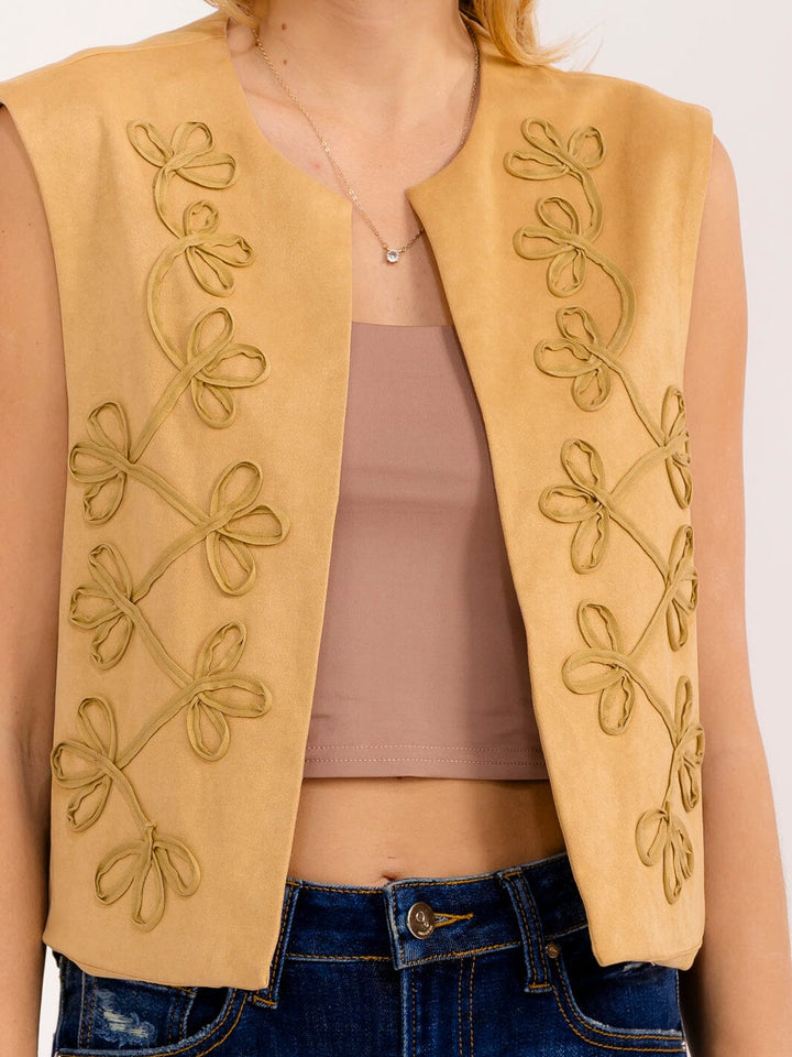 WOMEN'S SLEEVELESS OPEN FRONT STICHED DETAILED VELVET VEST