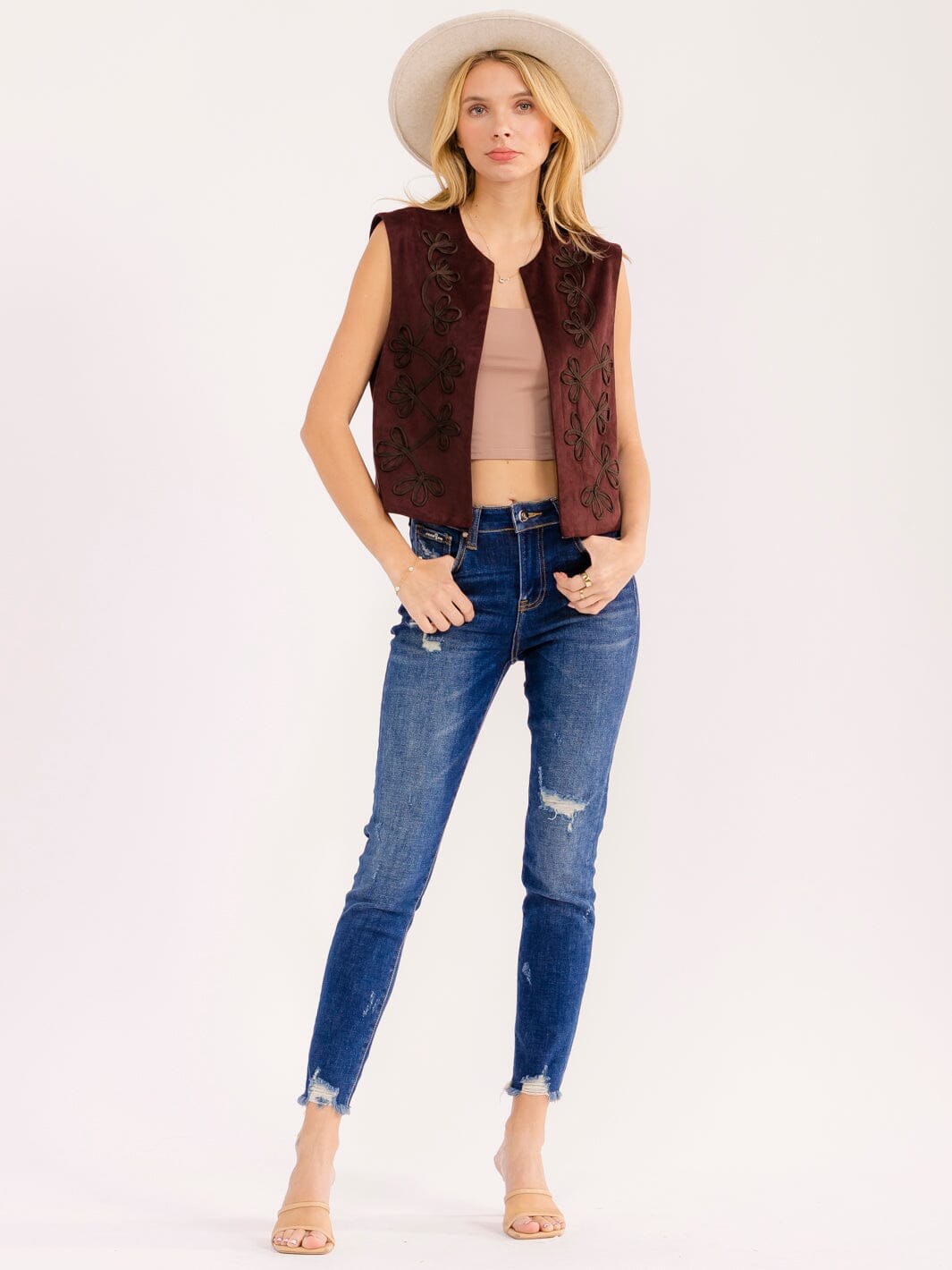 WOMEN'S SLEEVELESS OPEN FRONT STICHED DETAILED VELVET VEST