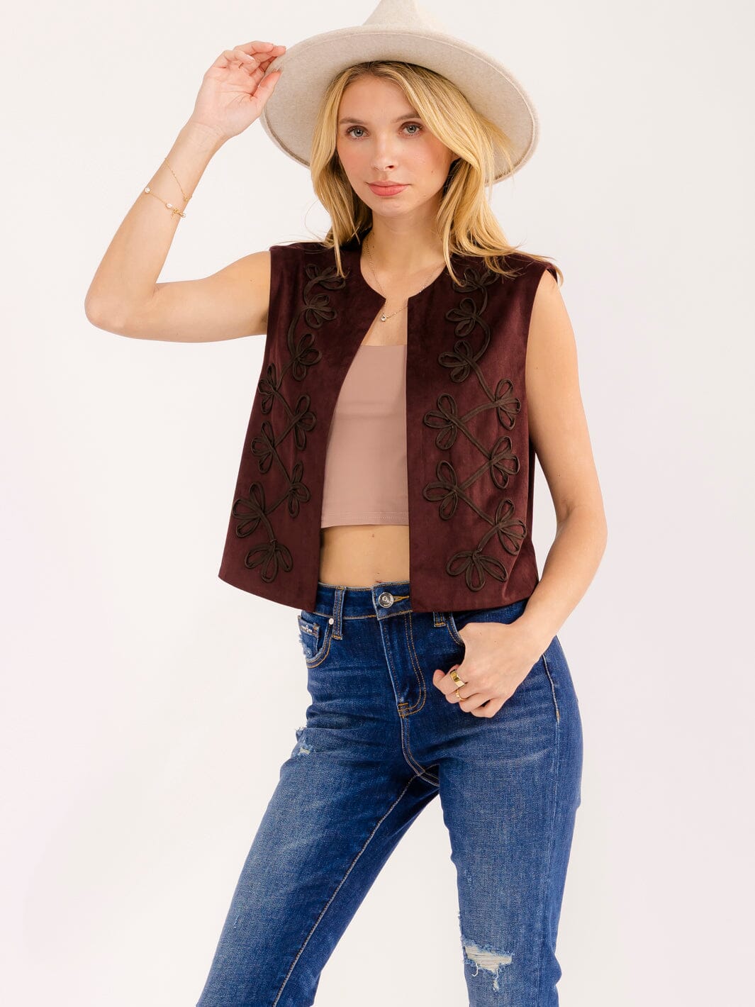 WOMEN'S SLEEVELESS OPEN FRONT STICHED DETAILED VELVET VEST