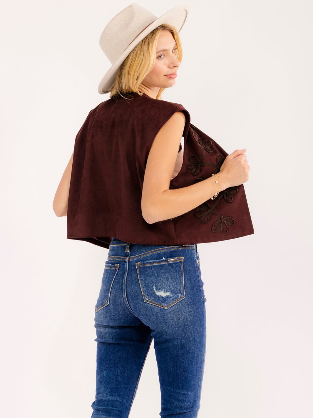 WOMEN'S SLEEVELESS OPEN FRONT STICHED DETAILED VELVET VEST