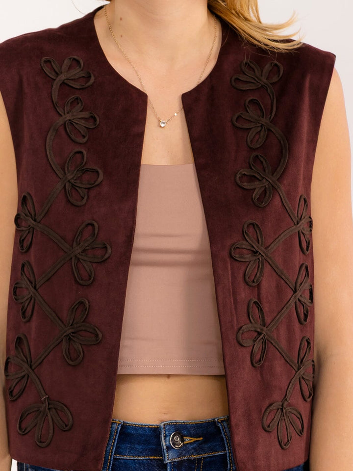 WOMEN'S SLEEVELESS OPEN FRONT STICHED DETAILED VELVET VEST