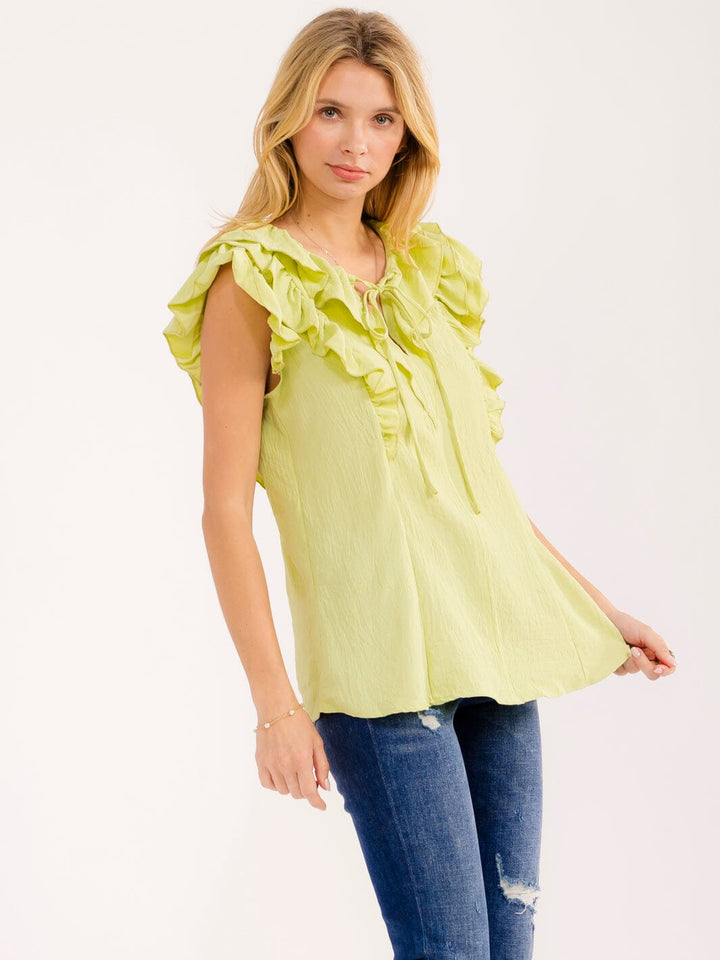 WOMEN'S SLEEVELESS RUFFLE V-NECK BLOUSE