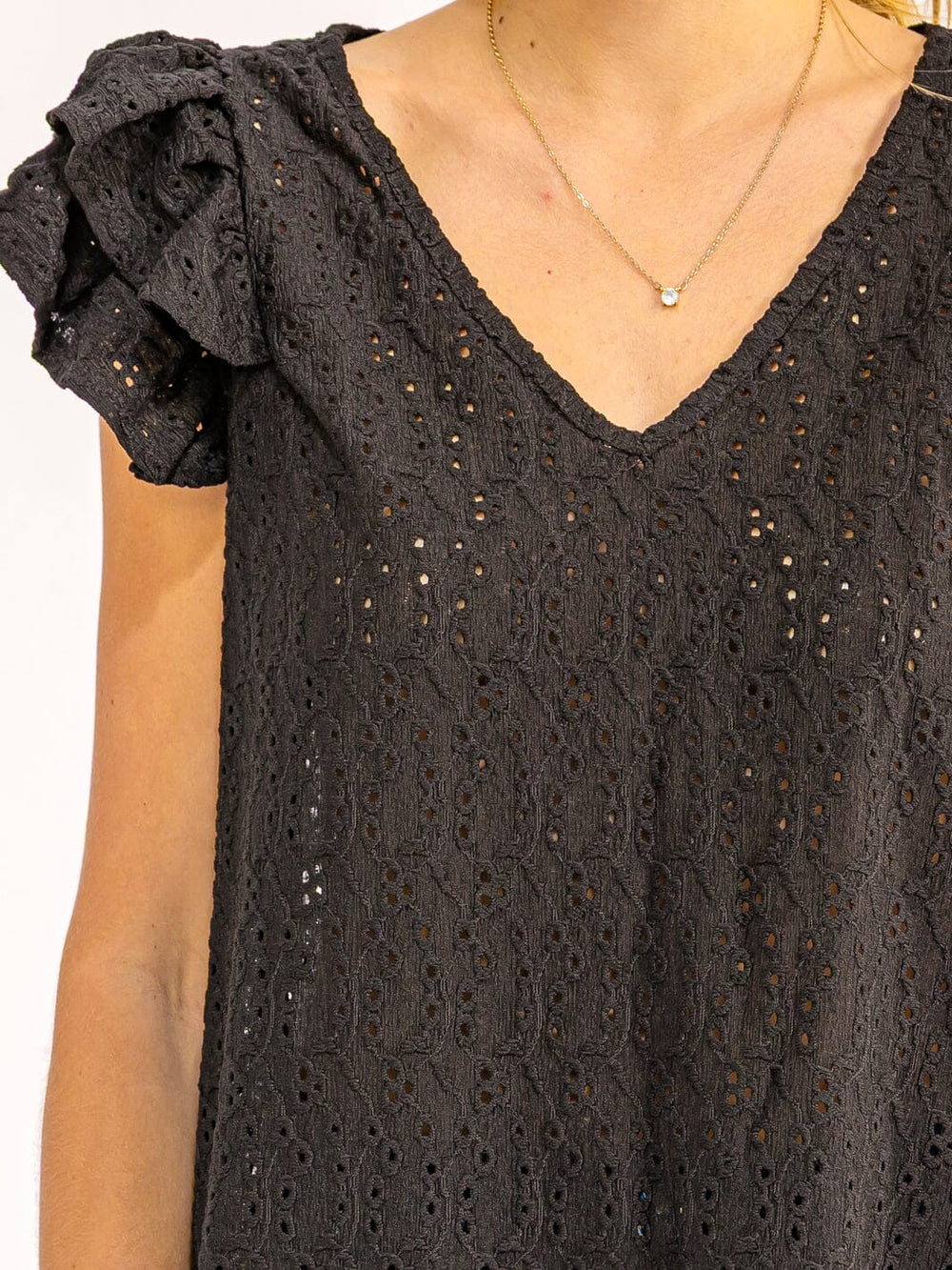 WOMEN'S RUFFLE SLEEVE V-NECK EYELET BLOUSE