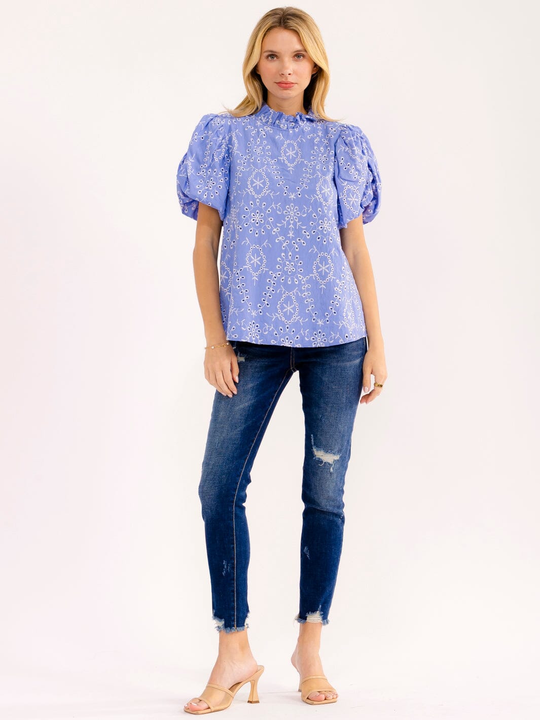 WOMEN'S SHORT PUFF SLEEVE MOCK NECK EYELET BLOUSE