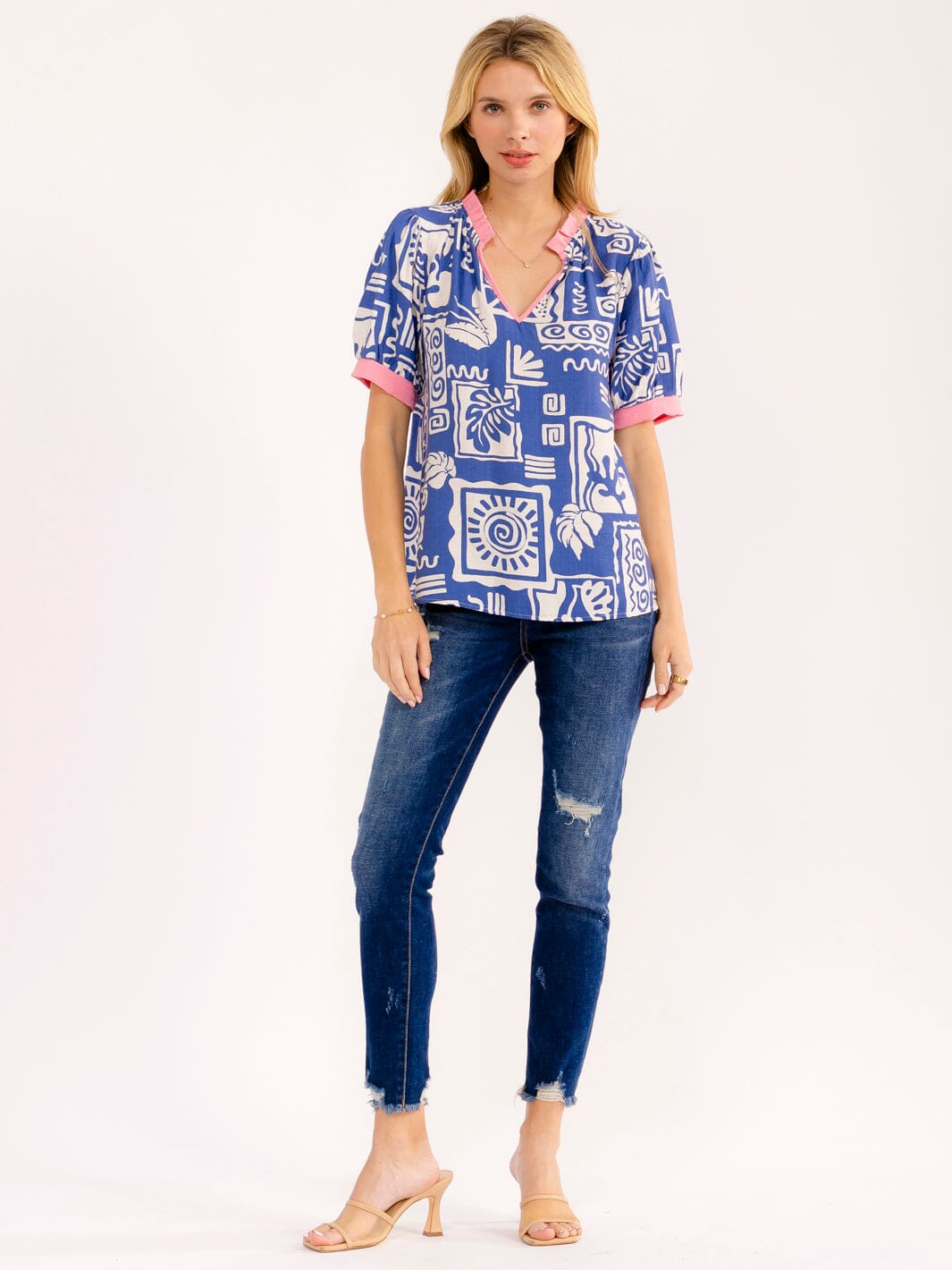 WOMEN'S SHORT SLEEVE V-NECK MULTI PRINT STRIPES BLOUSE