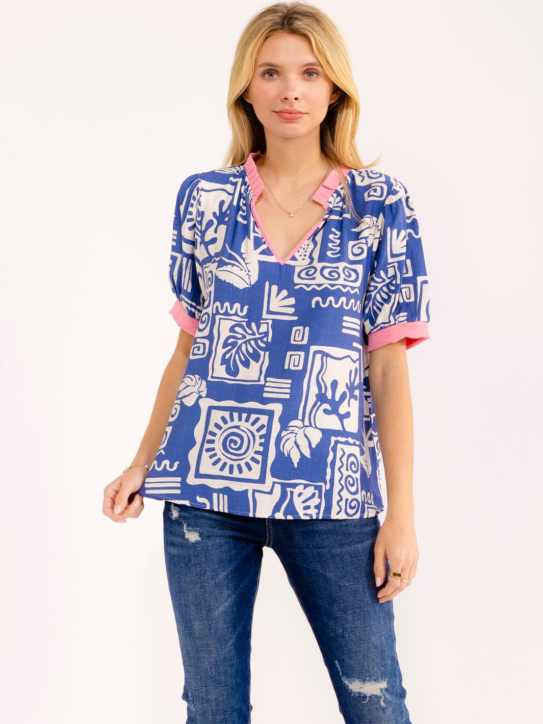 WOMEN'S SHORT SLEEVE V-NECK MULTI PRINT STRIPES BLOUSE