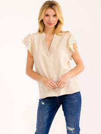 WOMEN'S SHORT RUFFLE SLEEVE V-NECK POLKA DOTS STRIPES BLOUSE