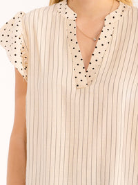 WOMEN'S SHORT RUFFLE SLEEVE V-NECK POLKA DOTS STRIPES BLOUSE