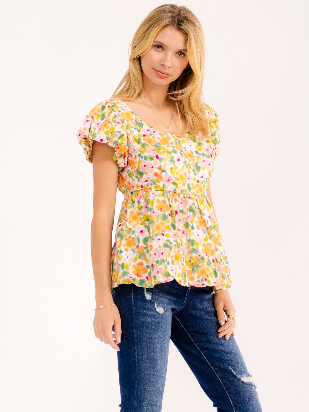 WOMEN'S SHORT PUFF SLEEVE OPEN BACK FLORAL BLOUSE