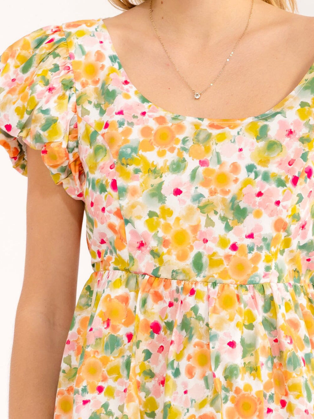 WOMEN'S SHORT PUFF SLEEVE OPEN BACK FLORAL BLOUSE