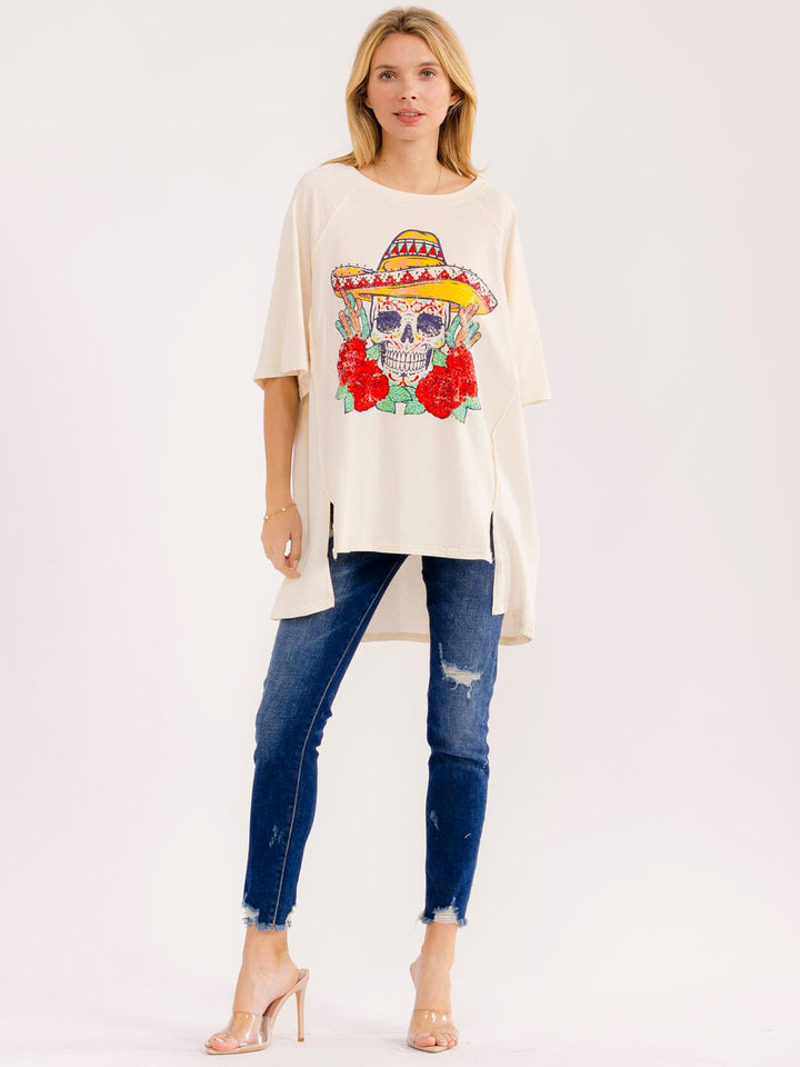 WOMEN'S SHORT SLEEVE HIGH-LOW GRAPHIC OVERSIZED T-SHIRT