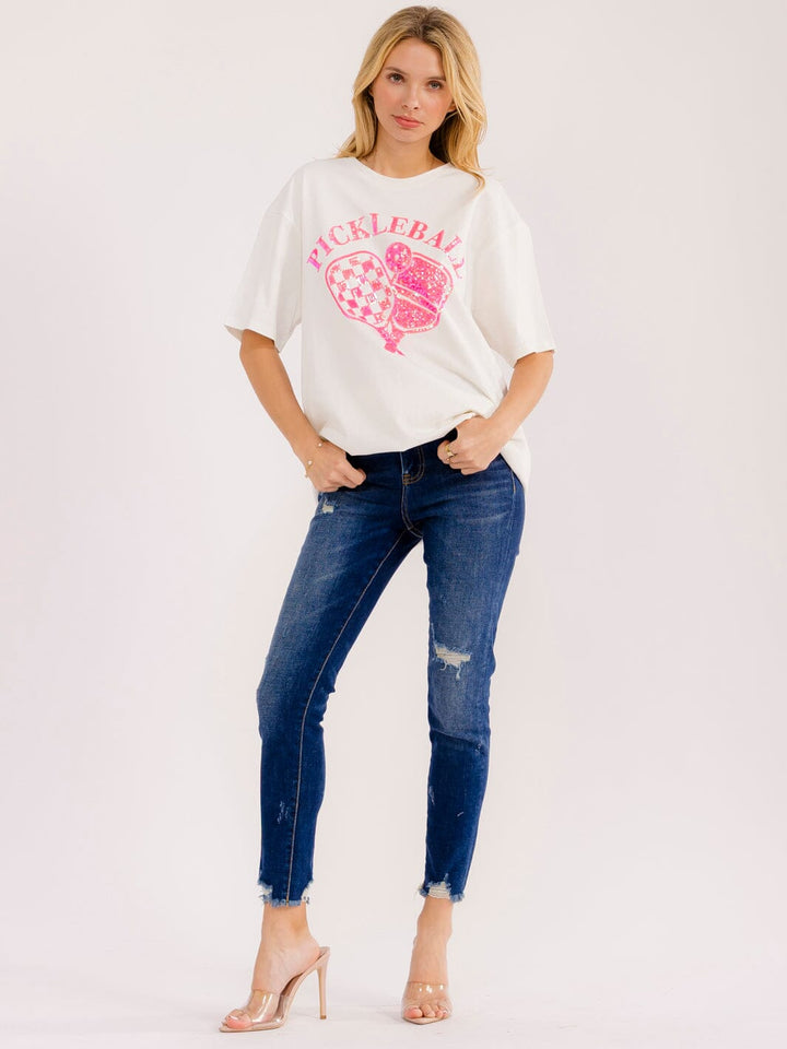 WOMEN'S SHORT SLEEVE SEQUINS GRAPHIC OVERSIZED T-SHIRT