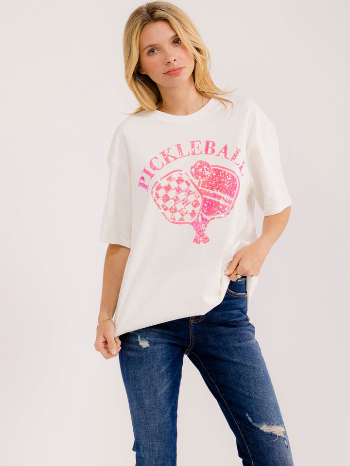 WOMEN'S SHORT SLEEVE SEQUINS GRAPHIC OVERSIZED T-SHIRT