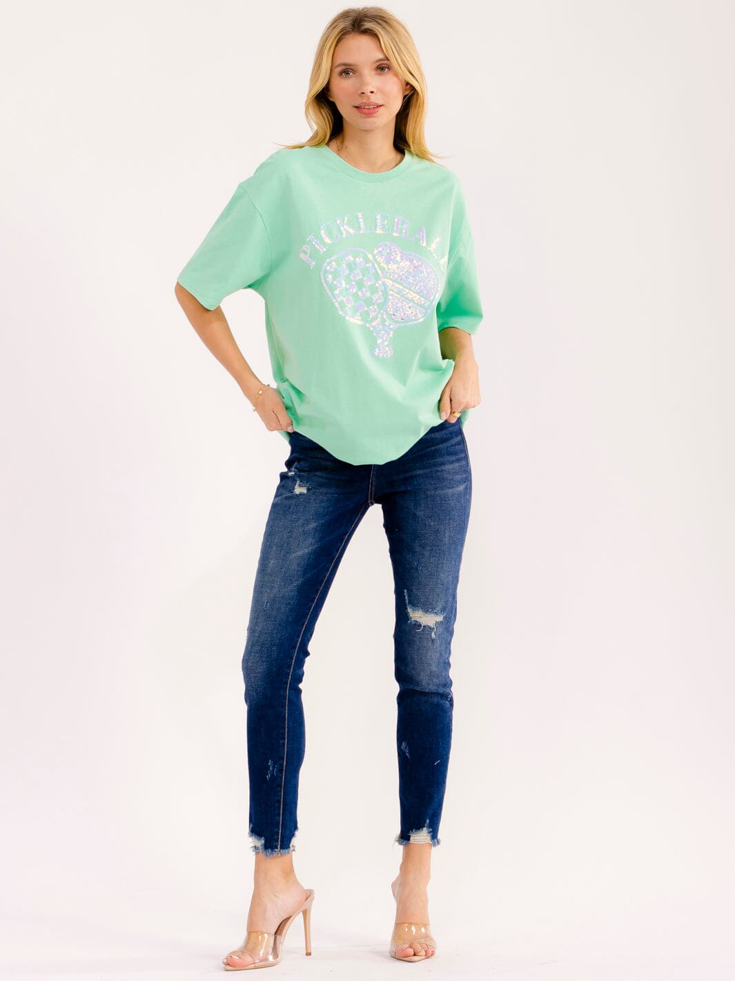 WOMEN'S SHORT SLEEVE SEQUINS GRAPHIC OVERSIZED T-SHIRT