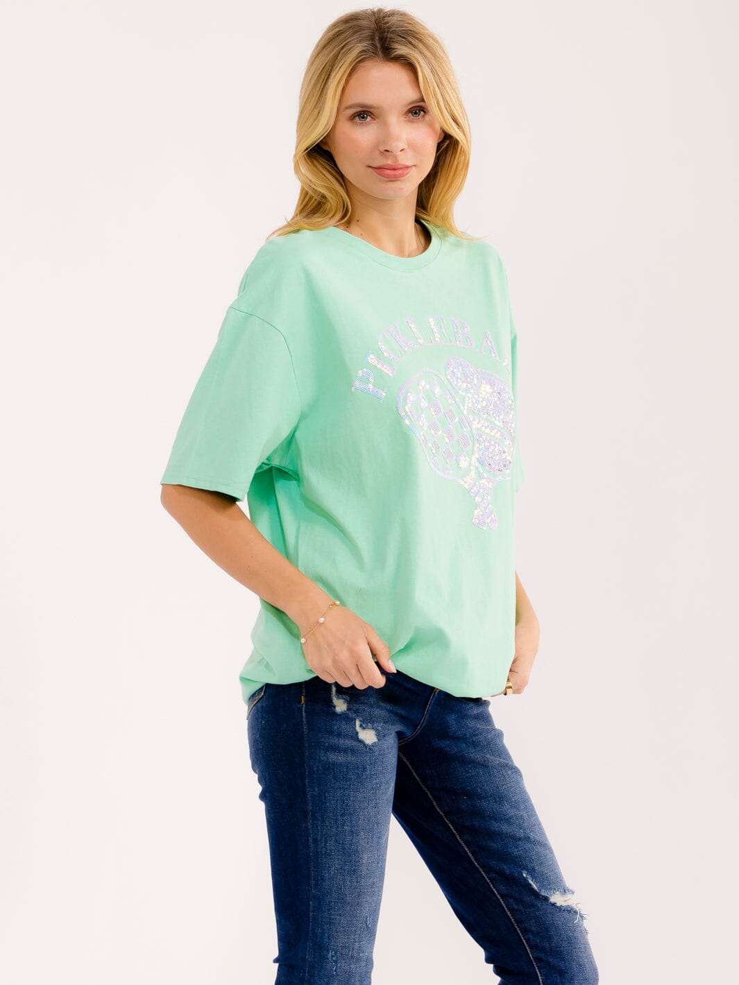 WOMEN'S SHORT SLEEVE SEQUINS GRAPHIC OVERSIZED T-SHIRT