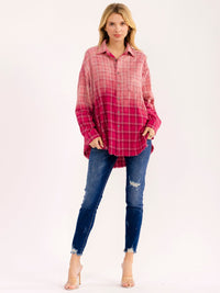 WOMEN'S LONG SLEEVE FRONT POCKET BUTTON UP PLAID OMBRE OVERSIZED TOP