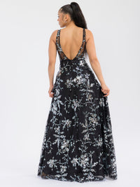 WOMEN'S SLEEVELESS V-NECK MESH SEQUINS MAXI GOWN DRESS