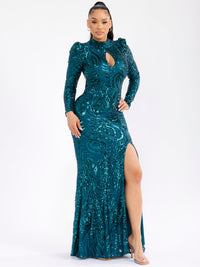 WOMEN'S LONG SLEEVE OPEN BACK FRONT SLIT SEQUINS MAXI GOWN DRESS
