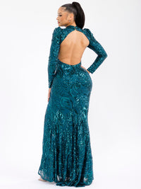 WOMEN'S LONG SLEEVE OPEN BACK FRONT SLIT SEQUINS MAXI GOWN DRESS