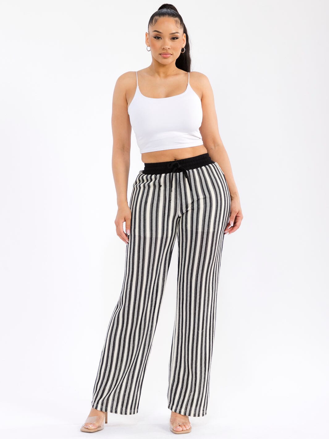 WOMEN'S ELASTIC WAIST COLORBLOCK STRIPES CROCHET WIDE LEG PANTS