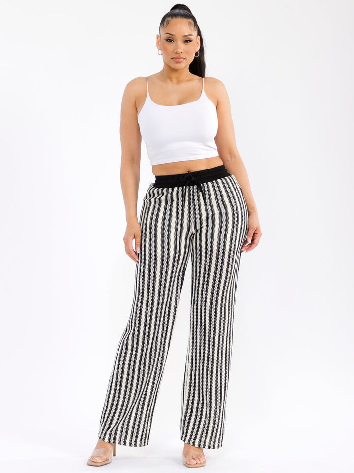 WOMEN'S ELASTIC WAIST COLORBLOCK STRIPES CROCHET WIDE LEG PANTS