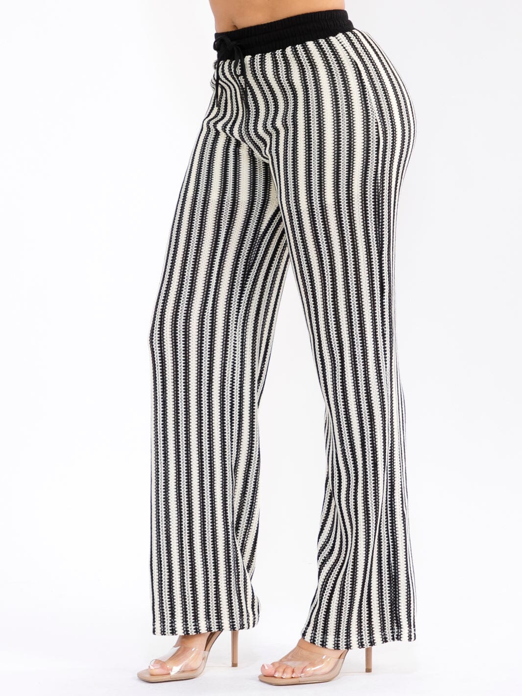 WOMEN'S ELASTIC WAIST COLORBLOCK STRIPES CROCHET WIDE LEG PANTS