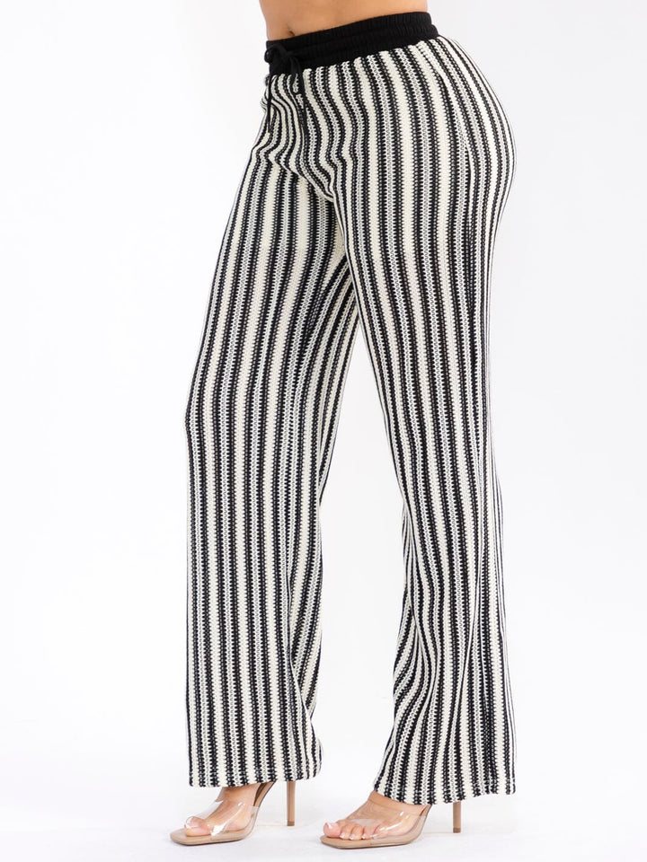 WOMEN'S ELASTIC WAIST COLORBLOCK STRIPES CROCHET WIDE LEG PANTS